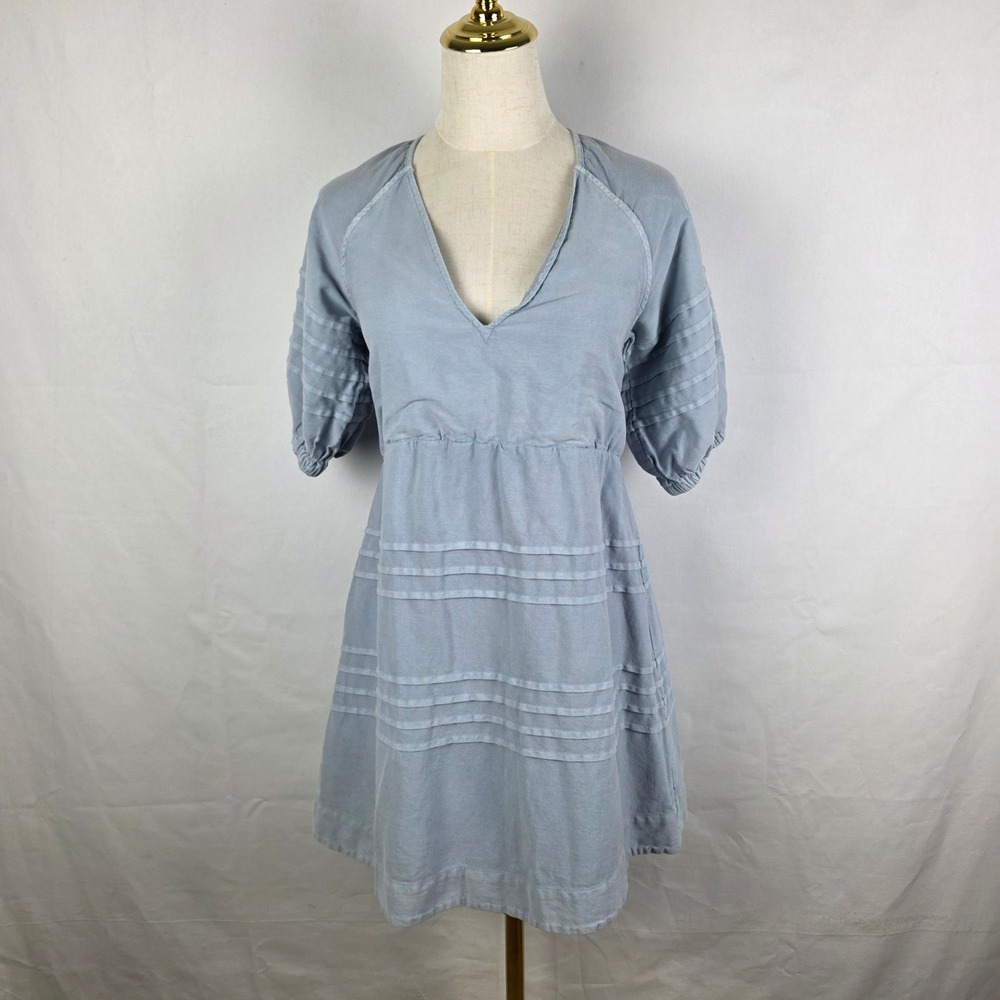 7 For All Mankind Light Blue Cotton Open Back Puff Sleeve Mini Dress Medium